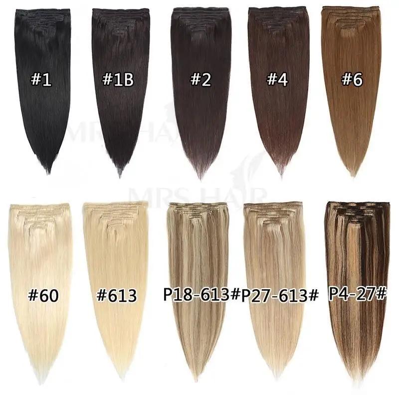 White Blonde #1001 Clip In Hair Extension Human Hair Extensions 7pcs/set Mega Hair Tic Tac Clip-On Hair Full Head 14"-24"