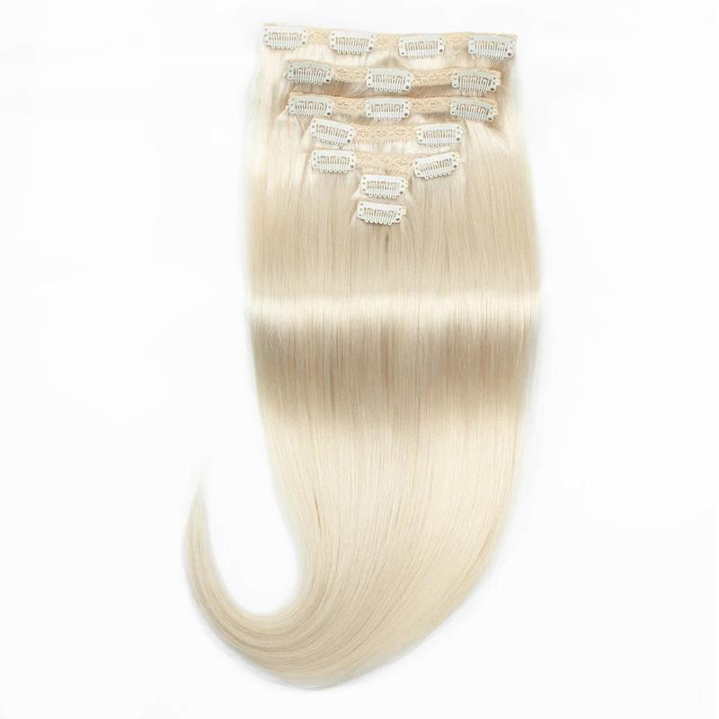 White Blonde #1001 Clip In Hair Extension Human Hair Extensions 7pcs/set Mega Hair Tic Tac Clip-On Hair Full Head 14"-24"