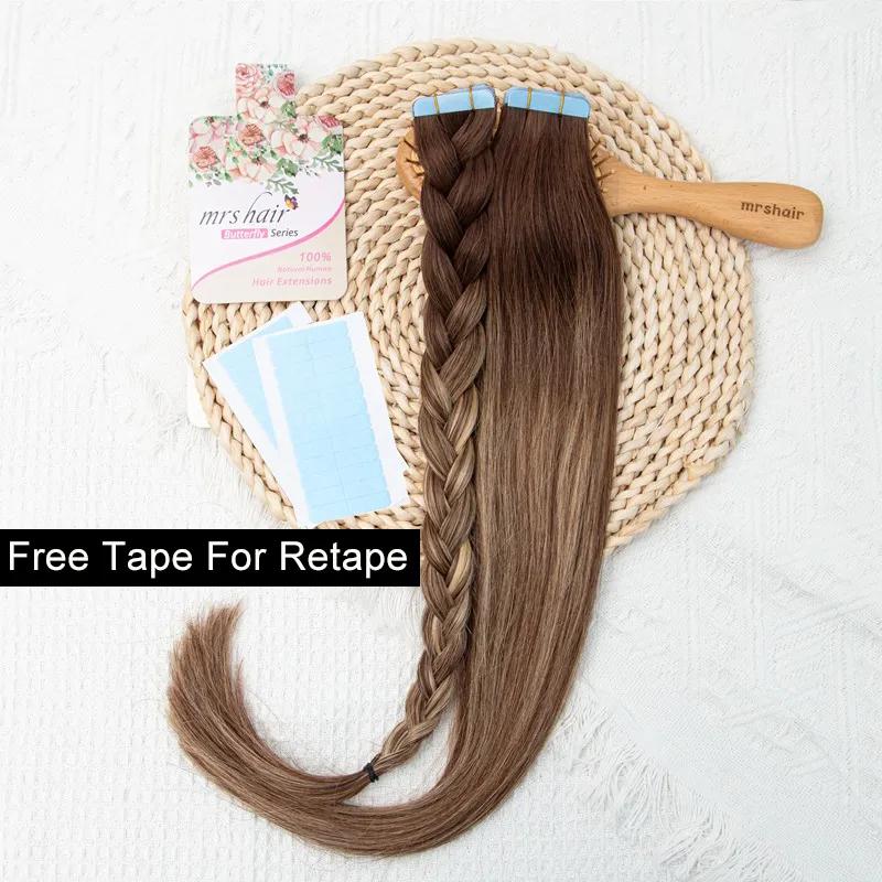 MRS HAIR Ombre Balayage Tape In Extensions Human Hair P4T4-24 Brown Blonde Color Hightlights Tape ins 20pcs/pack 18inch 40g 20inch 50g