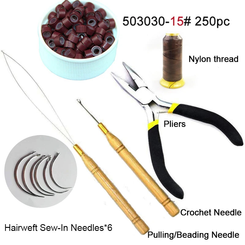 MRSHAIR Miro Link Hair Kits For Hair Weft/Bundles Sewin I Tip Micro Beads With 6Pcs C Shape Needles Pliers Hairstylist Kits Tool