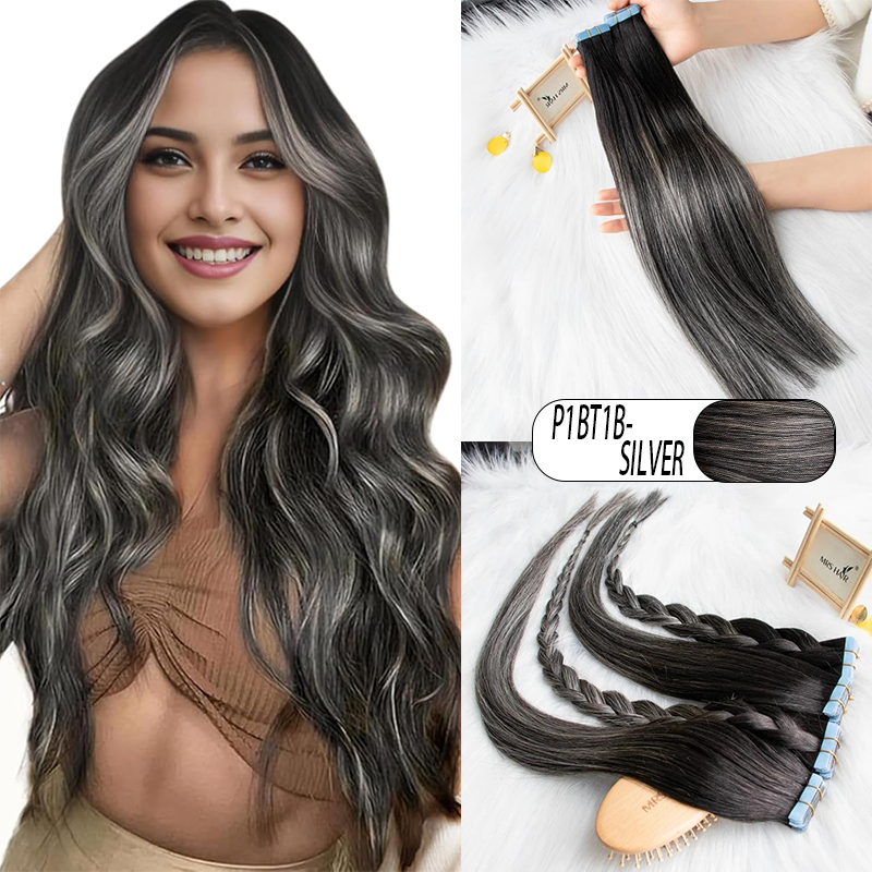 MRS HAIR Ombre Balayage Tape In Human Extensions P1BT1B-SILVER