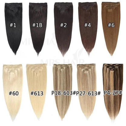 White Blonde #1001 Clip In Hair Extension Human Hair Extensions 7pcs/set Mega Hair Tic Tac Clip-On Hair Full Head 14"-24"