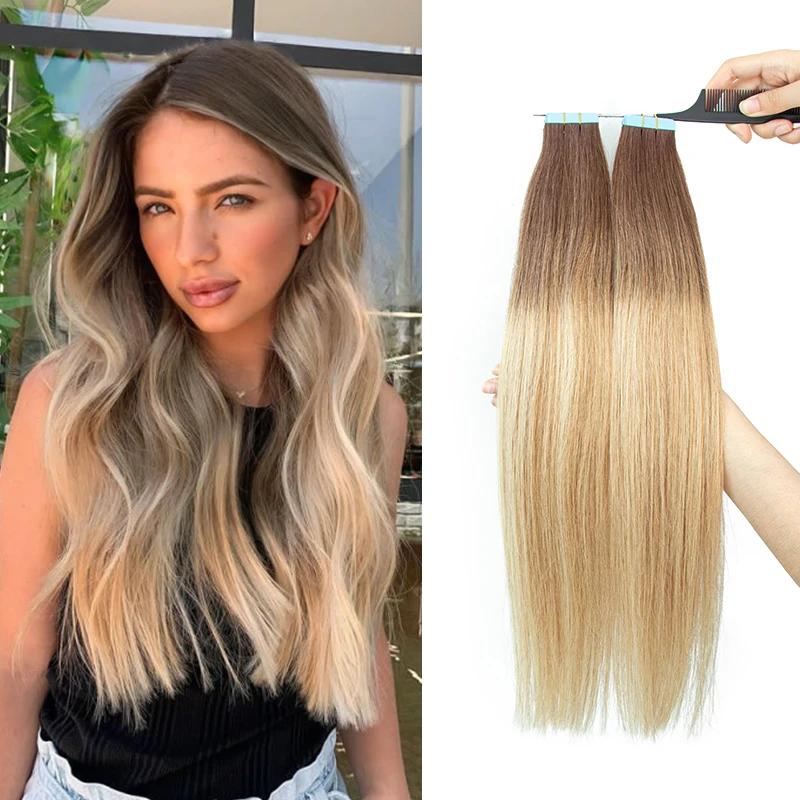 MRS HAIR Ombre T4P12-60 Balayage Tape In Extensions Human Hair 20inch Brown Blonde Color Hightlights Tape ins 20pcs/pack