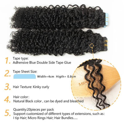 MRS HAIR Afro kinky Curly Tape In Hair Extensions 4B 4C 12-26inch Natural #1B Remy 20pcs