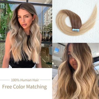 MRS HAIR Ombre T4P12-60 Balayage Tape In Extensions Human Hair 20inch Brown Blonde Color Hightlights Tape ins 20pcs/pack