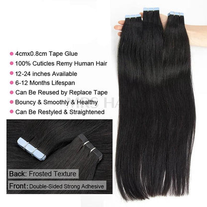 MRS HAIR Silky Straight Tape in Remy Human Hair Extensions 12-26 inch 20pcs/pack