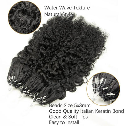 MRSHAIR Water Wave Micro Link Hair Extensions Human Hair Keratin Micro Loop Curly Black Hair With Beads 12-26inch 50strands/Pack
