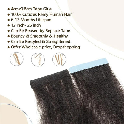 MRSHAIR Injected Tape In Extensions Kinky Straight Hair Remy Human Hair 20pcs