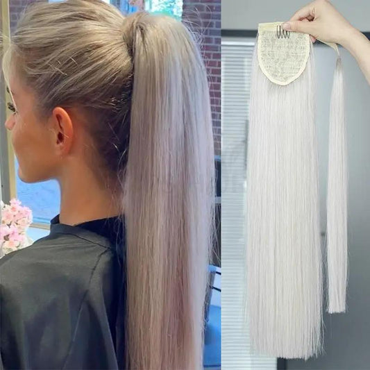 MRS HAIR Ash Blonde Ponytail Human Hair Extensions Silver Ponytail Hair Wrap Around High Ponytails Thick Real Natural Hair 18 20 24 inch