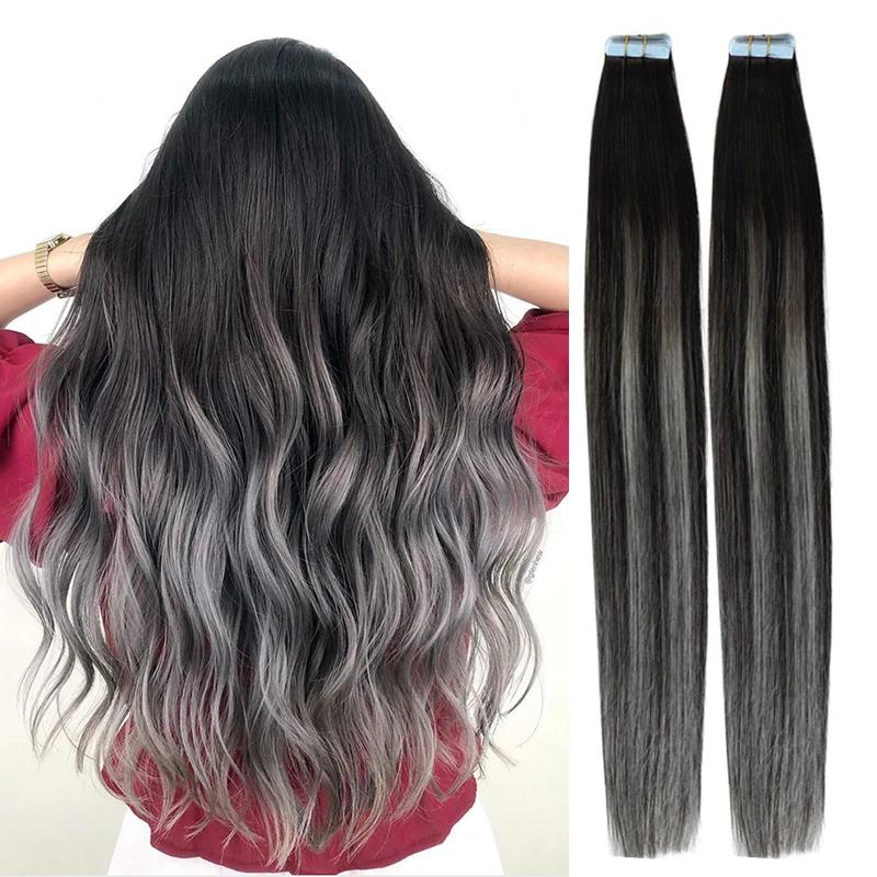 MRS HAIR Ombre Balayage P1BT1B-SILVER Tape In Extensions Human Hair Black Ash Blonde Color Highlights Tape ins 14 18 22 24inch 20pcs