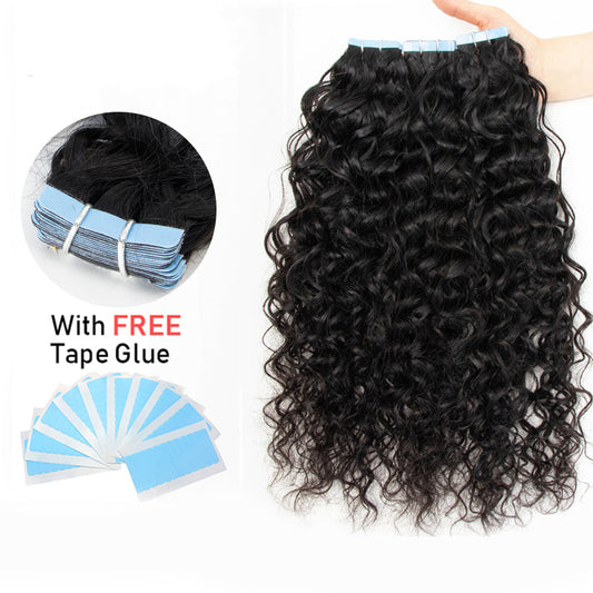 MRSHAIR Water Wave Tape In Human Hair Extensions Remy Curly skin weft Tape Hair Extensions #1B 20pcs/pack